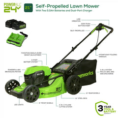 48V (24V x 2) 21" Cordless Battery Self-Propelled Lawn Mower w/ Two (2) 5.0Ah USB Batteries & Dual Port Charger, LM2112S