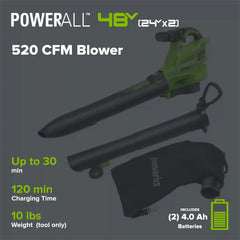 48V (24V x 2) 520 CFM Cordless Battery BL Leaf Blower/Vacuum: (2) 4.0 Ah Battery and Dual-Port Charger