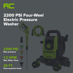 2200-PSI 1.2 GPM Four-Weel Electric Pressure Washer with 5 Nozzles & Detergent Tank