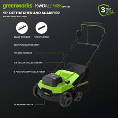 48V (24V x 2) 15" Cordless Battery Dethatcher/Scarifier: (2) 4.0Ah Batteries, (1) 65W Charger, (2) 100W Cables