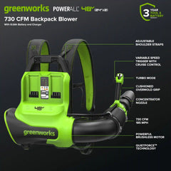 48V (24V x 2) 730 CFM Cordless Battery Dual-Port Backpack Blower: (2) 8.0 Ah Battery, 100W Charger and (2) 3-Ft Cables