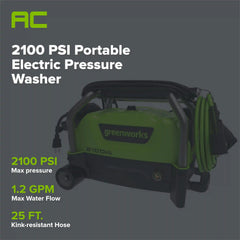 2100 PSI 1.2 GPM Portable Cold Water Electric Pressure Washer