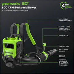 80V 800CFM Cordless Battery Dual-Port Backpack Blower: (2) 5Ah Battery and Dual-Port Rapid Charger