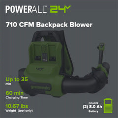 40V 710 CFM Cordless Battery Dual-Port Backpack Blower: (2) 8.0 Ah Battery and Charger