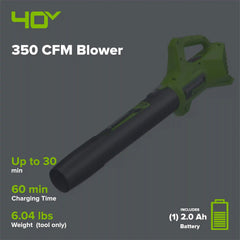 40V 350 CFM Cordless Battery Leaf Blower: 2.0 Ah Battery and Charger