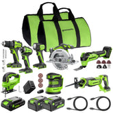 24V Brushless Power Tool 8PC Combo Kit: (2) 4.0 Ah and (1) 2.0 Ah USB-C Batteries and Charger