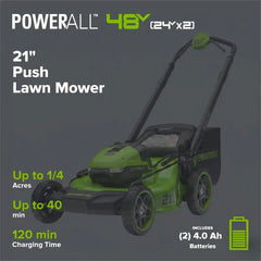 OPEN BOX 48V (24V x 2) 21" Cordless Battery Push Mower 3PC Combo Kit w/ (4) 4.0Ah High Power Batteries & (2) Dual Port Chargers