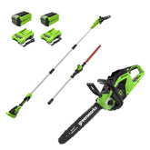 40V 14" Cordless Battery 1.0 kW Chainsaw and 10" Pole Saw and Hedge Trimmer Attachment: (2) 2.5 Ah Battery and (2) Chargers
