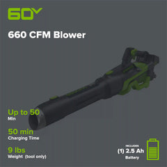 60V 660 CFM Cordless Battery Brushless Leaf Blower: 2.5 Ah Battery and Charger