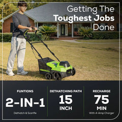 40V 15" Cordless Battery Brushless Dethatcher/Scarifier: 5.0Ah Battery and Rapid Charger