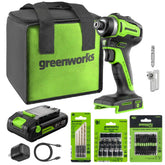 24V 1/4" 1950 in/lbs Brushless Impact Driver Premium Kit: (1) 2.0 Ah Battery, (1) 30W Charger & Cable and 23-piece Accessory Sets