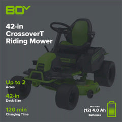 80V 42" Cordless Battery CrossoverT Riding Lawn Mower, Twelve (12) 4.0 Ah Batteries and (3) Dual-Port Turbo Chargers, CRT4281