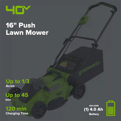 OPEN BOX 40V 16" Cordless Battery Brushless Push Lawn Mower: 4.0 Ah Battery and Charger, LM1624