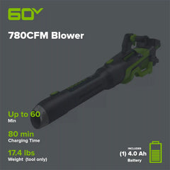 Pro 60V 780CFM Cordless Battery Leaf Blower, 4Ah Battery and Charger