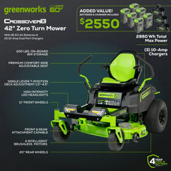 RENEWED 60V 42" Electric CrossoverZ Zero Turn Mower with (6) 8 Ah Batteries and (3) Dual-Port Turbo Chargers, CRZ4261