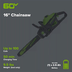 60V 16" Cordless Battery 2.0kW Chainsaw w/ 2.5Ah Battery & Charger