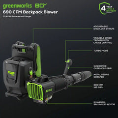 80V 690 CFM Cordless Battery Dual-Port Backpack Blower: (2) 4.0 Ah Batteries and Dual-Port Rapid Charger