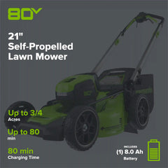 80V 21" Cordless Battery 4-in-1 Self-Propelled Lawn Mower, 8.0 Ah Battery and 6A Charger, LM2108S