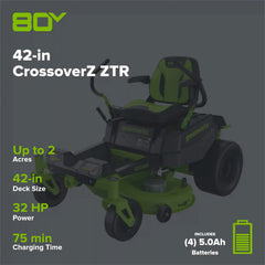 RENEWED 80V 42" Cordless Battery CrossoverZ Zero Turn Lawn Mower, (4) 5Ah Batteries and (3) Dual-Port Chargers, CRZ4282
