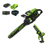 60V 18" Cordless Battery 2.0 kW Chainsaw and 24V 6" Pruner Saw, (1) 4.0 Ah Battery: (1) 2.0 Ah Battery and (2) Chargers