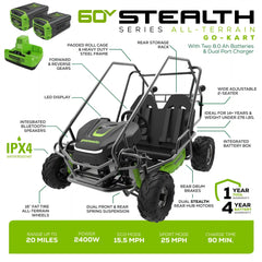 60V Gen 2 STEALTH Series All-Terrain 2-Seat Electric Youth Go-Kart: (2) 8Ah Batteries and Dual-Port Charger
