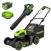 60V 17" Cordless Battery Push Lawn Mower and 610 CFM Jet Blower Combo Kit: 4.0 Ah Battery and Charger