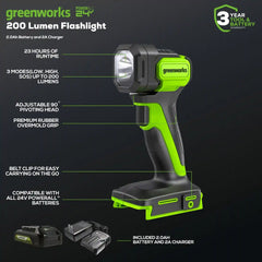24V 200 Lumen Cordless Battery LED Flashlight: 2.0 Ah Battery and Charger