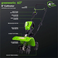 60V 8" Cordless Battery Cultivator / Tiller w/ 4.0Ah Battery & Charger