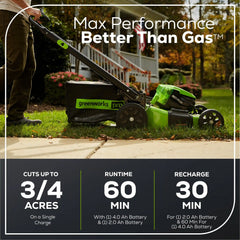 RENEWED 80V 21" Cordless Battery 4-in-1 Self-Propelled Lawn Mower: (1) 4.0 Ah, (1) 2.0 Ah Battery and Rapid Charger, LM2118S