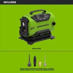 24V PowerAll Dual-Power Inflator/Deflator, with Pinch Valve Adaptor, Sports Ball Needle, Brass Presta Valve Adaptor, and Narrow Pinch Valve Nozzle