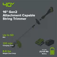 40V 16" Gen2 Attachment Capable String Trimmer, 4Ah Battery and Charger
