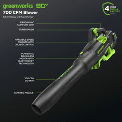 80V 700CFM Cordless Battery Blower w/  2.5Ah Battery & Charger
