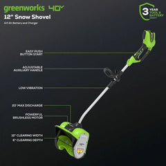 40V 12" Cordless Battery Snow Shovel: 4.0 Ah Battery and Charger