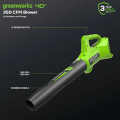 40V 350 CFM Cordless Battery Leaf Blower: 2.0 Ah Battery and Charger