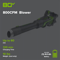 80V 800CFM Cordless Battery Leaf Blower, 4Ah Battery and Charger