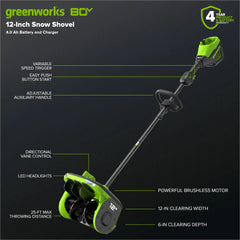 80V 12" Cordless Battery LED Snow Shovel: 4.0 Ah Battery and 6A Charger