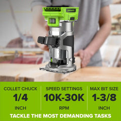 24V PowerAll Compact Router, Tool Only, with Edge Guide, Flush Trim Bit, Socket and Collet Wrenches, Bit Holder and Vacuum Dust Adaptor