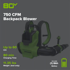 80V 750 CFM Cordless Battery Single Port Backpack Blower, 8Ah Battery and 6A Charger