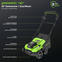 40V 15" Cordless Battery Brushless Dethatcher/Scarifier: 5.0Ah Battery and Rapid Charger