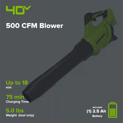 40V 500 CFM Cordless Battery Leaf Blower: 2.5 Ah Battery and Charger