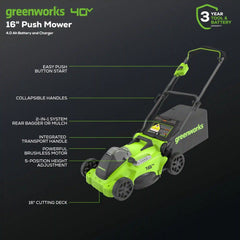 OPEN BOX 40V 16" Cordless Battery Brushless Push Lawn Mower: 4.0 Ah Battery and Charger, LM1624