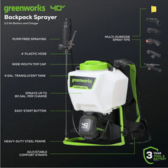 40V Cordless Battery Backpack Sprayer: 2.0 Ah USB Battery and Charger