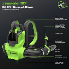 80V 750 CFM Cordless Battery Single Port Backpack Blower, 8Ah Battery and 6A Charger