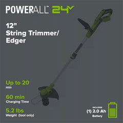 24V 12" Cordless Battery String Trimmer and Edger: 2.0 Ah USB Battery and Charger
