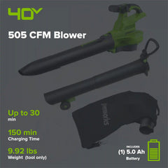 40V 505 CFM Cordless Battery Leaf Blower/Vacuum: 5.0 Ah Battery and Charger