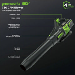 RENEWED 80V 730 CFM Cordless Battery Leaf Blower: 2.5 Ah Battery and Rapid Charger