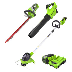 40V 12" Cordless Battery String Trimmer, 550 CFM Blower and 24" Hedge Trimmer Combo Kit: 2.0 Ah Battery and Charger