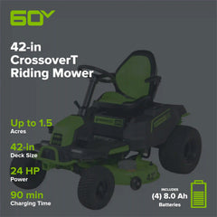 RENEWED 60V 42" Cordless Battery CrossoverT Riding Lawn Mower, (4) 8.0 Ah Batteries and (2) Dual-Port Turbo Chargers, CRT4262