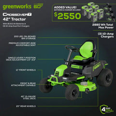 60V 42" Cordless Battery CrossoverT Riding Lawn Mower: (6) 8.0 Ah Batteries and (3) Dual-Port Turbo Chargers, CRT4261