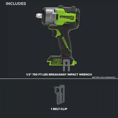 24V PowerAll Pro 750 ft-lb Breakaway Torque 1/2" Impact Wrench, Tool Only